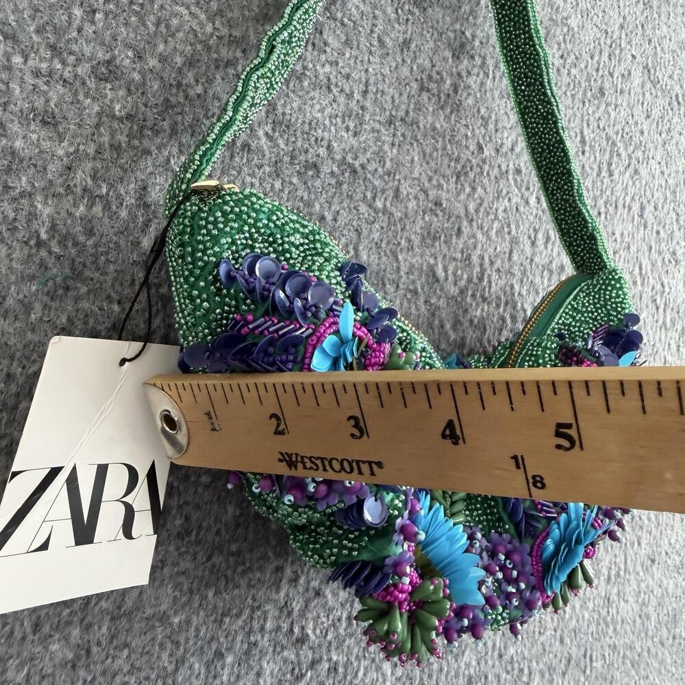 Zara Beaded Floral Shoulder Bag Green Embellished Party Cocktail Purse Artsy - Picture 12 of 12